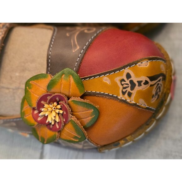 Womens Socofy Boho Handcrafted Leather Floral Slip-On Clogs Size 37 Platform - Picture 3 of 7